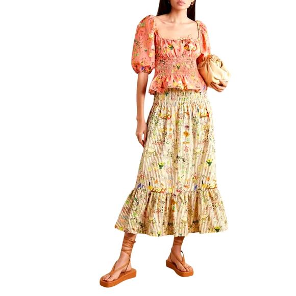 Rhode Artie Shirred Waist Ruffle Hem Printed Cotton Poplin Midi Skirt XL - Picture 2 of 16